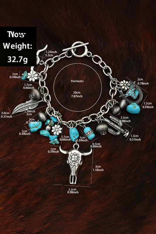 Western Steer Head Turquoise Charm Alloy Bracelet