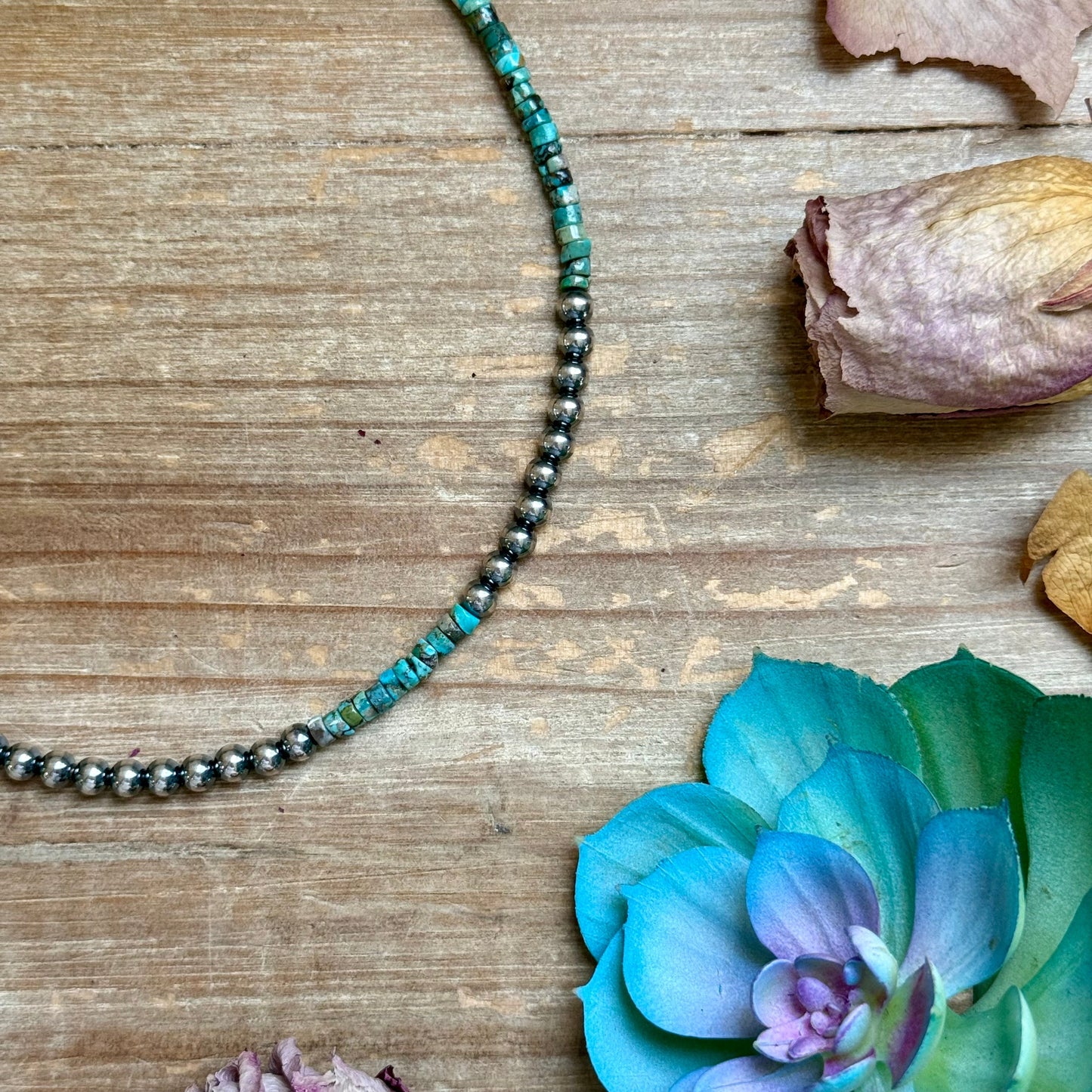 15” Heishi Turquoise Necklace – 4mm Turquoise & 5mm Sterling Silver Pearls