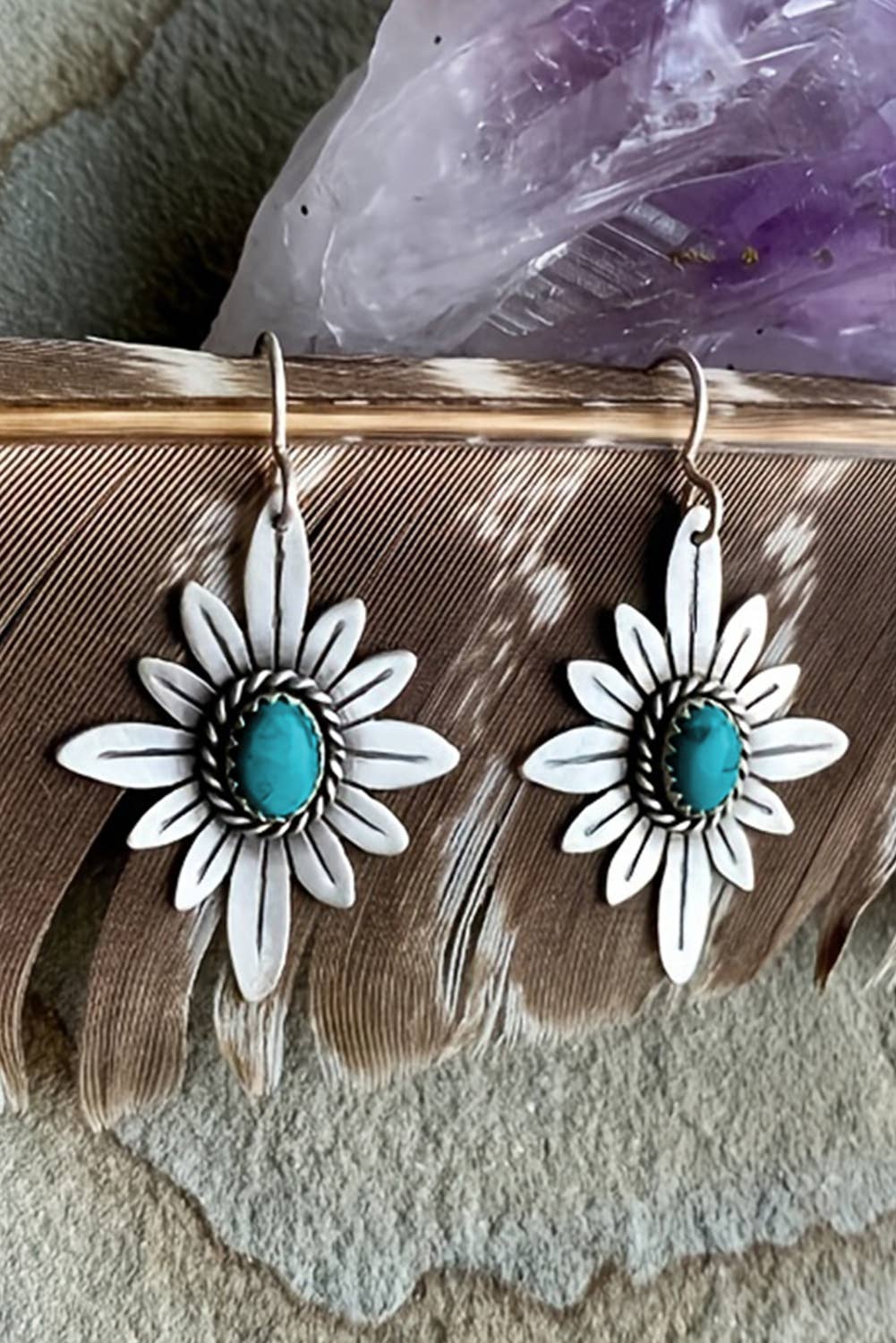 Western Turquoise Flower Shape Hook Earrings