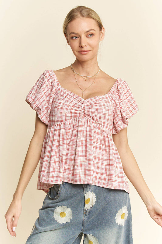 PLAID PUFF SLEEVES RUFFLED SMOCKED TOP BLOUSE