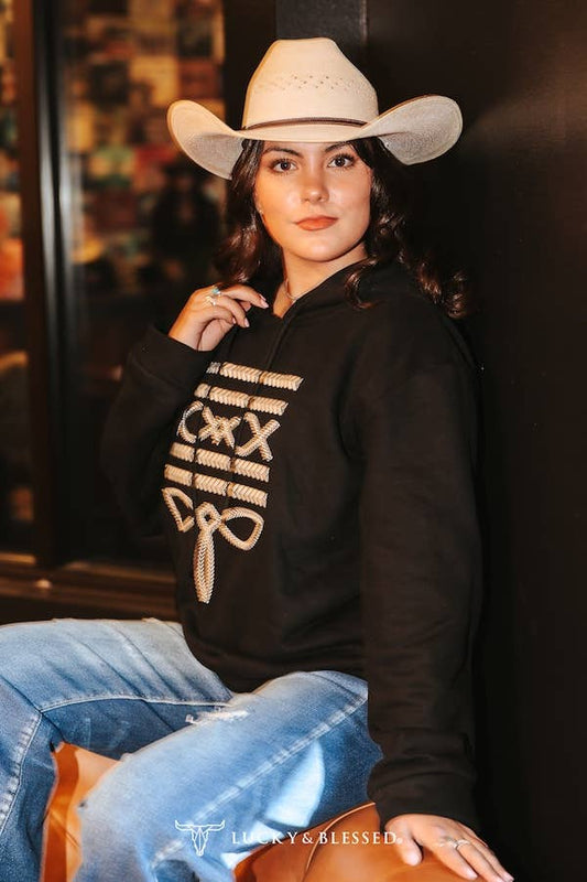 Black Hoodie W Ivory Boot Stitch Embroidery
