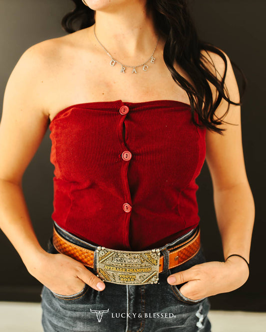 Burgundy Stretch Corduroy Button Down Strapless Corset Top