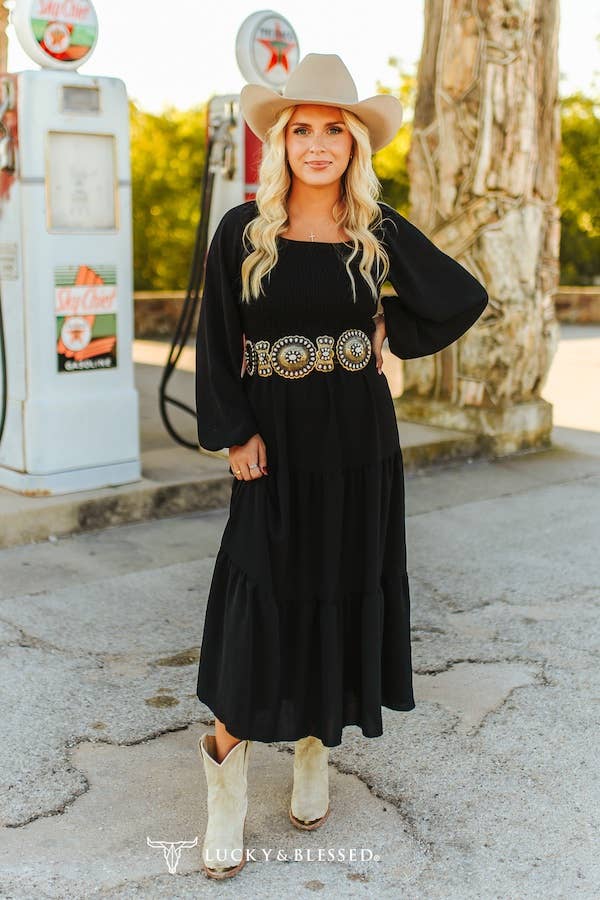Black Long Sleeve Puff Sleeve Tiered Maxi Dress