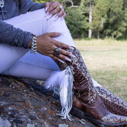 Wedding Boho Western Leather Boot Bling Charm Feather & Key