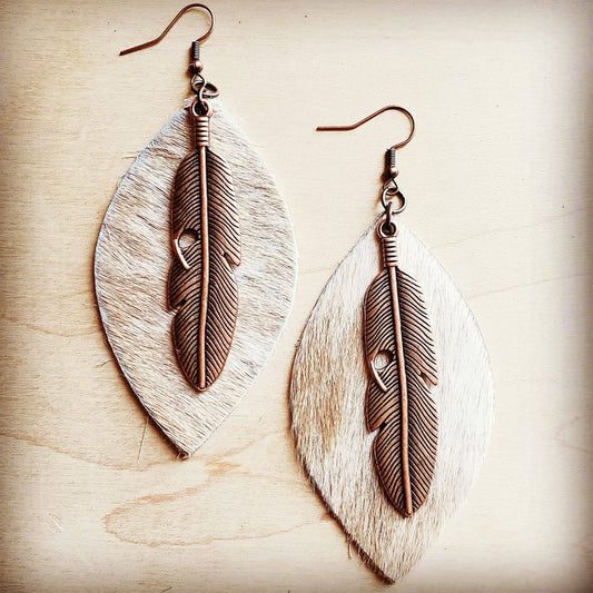 Leather Oval Earrings Tan Hair-on-Hide w/ Copper Feathers