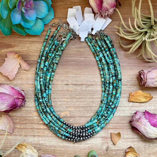 African Turquoise Heishi & Sterling Silver Pearl Necklace