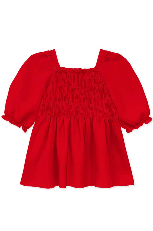 Girl's Fashion Top w/Smocking & Puff Sleeve Red