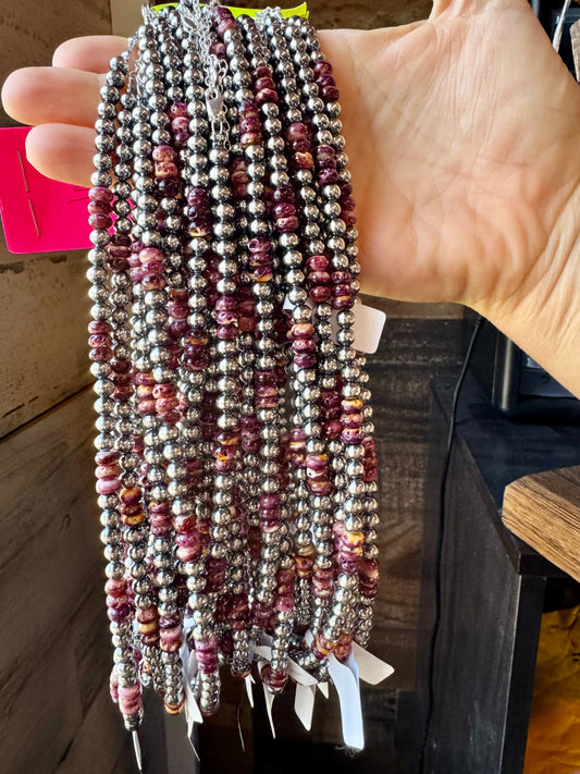 18-Inch Sterling Silver Pearl Necklace with Deep Purple Spiny Oyster – (5mm)