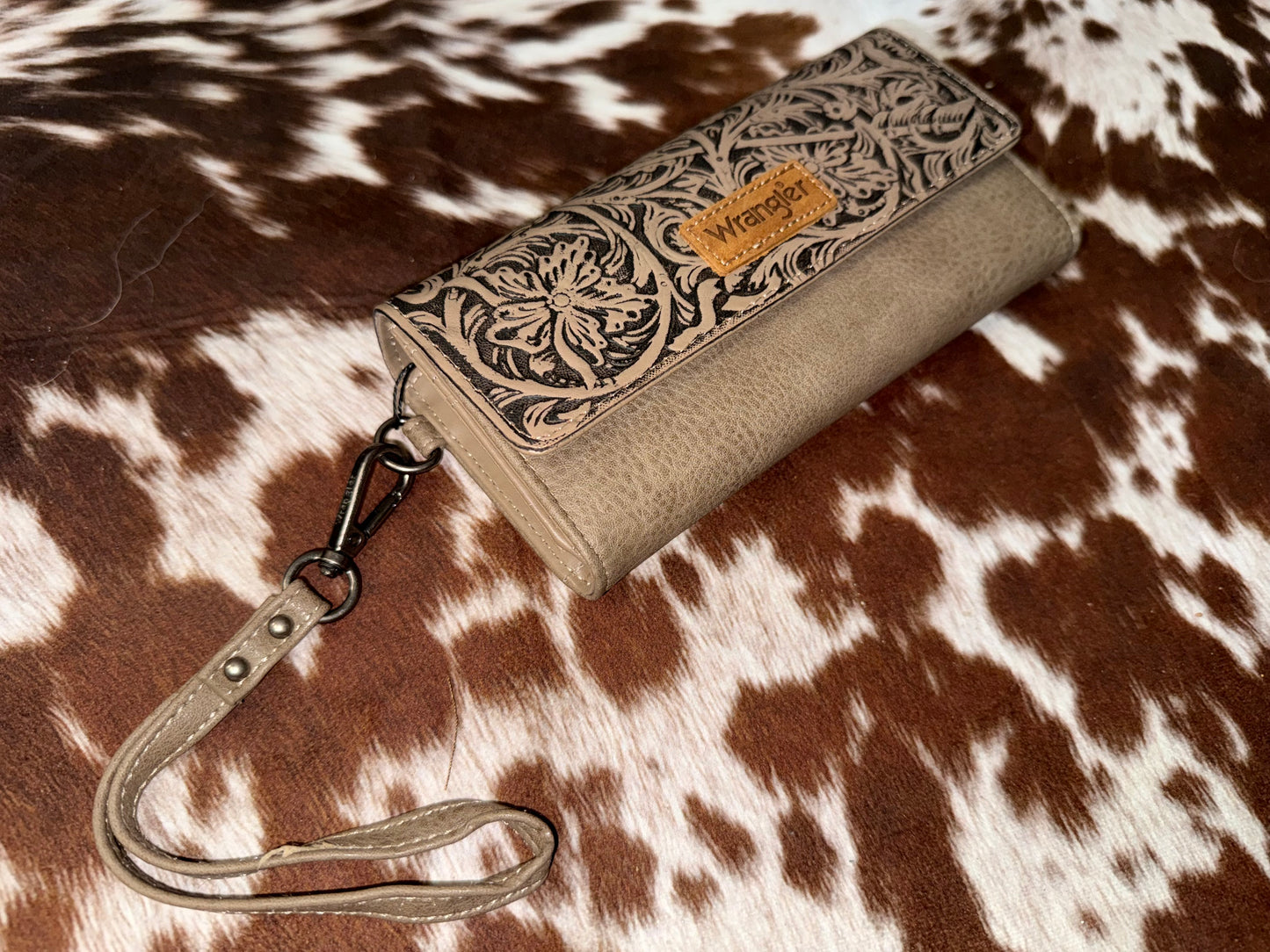 Wrangler Western Floral Tooled Tri-fold RFID Wallet/Wristlet