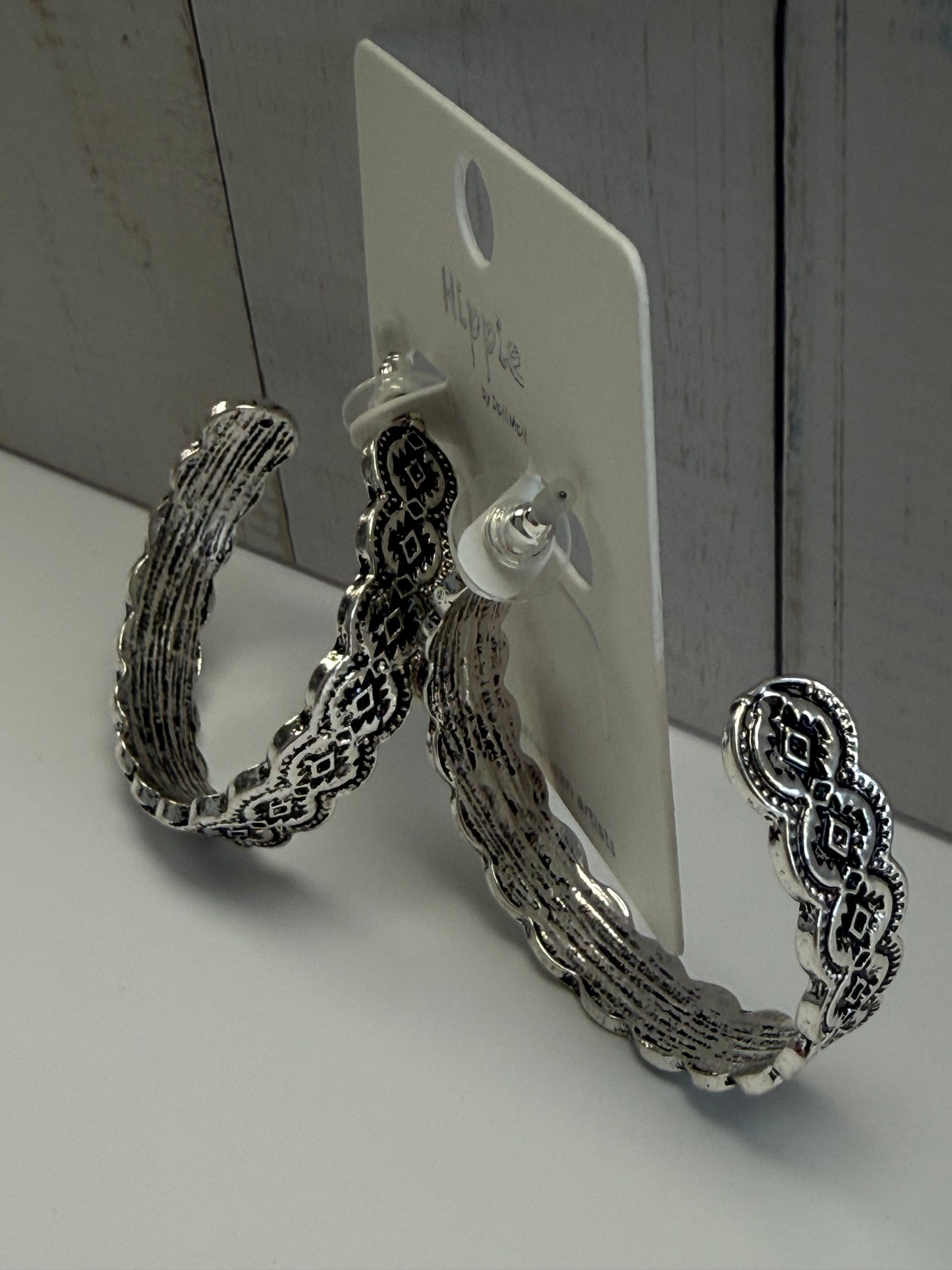 Silver Aztec Scalloped Hoop Earrings