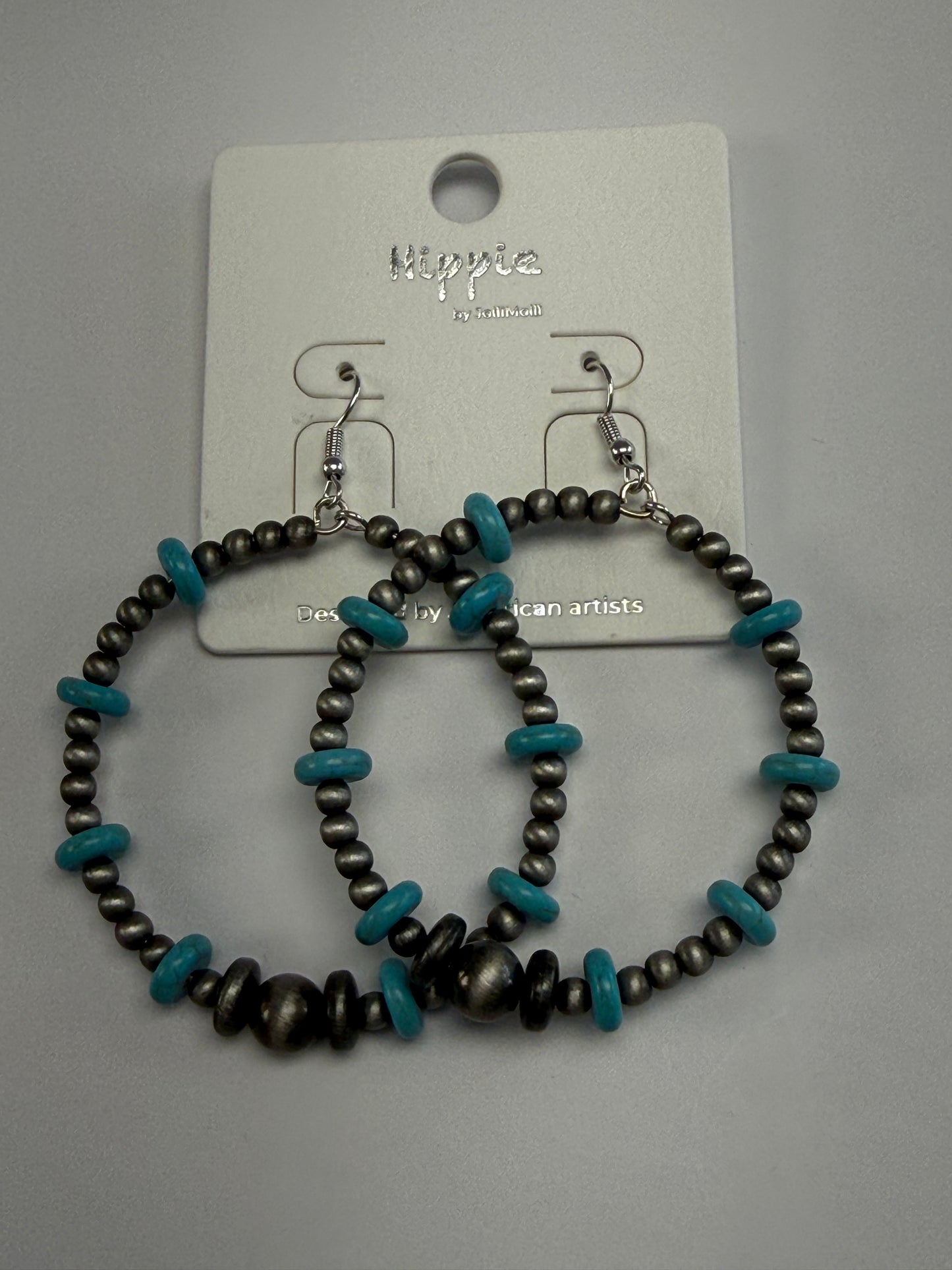Turquoise & Silver Beaded Hoop Earrings