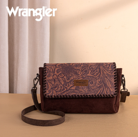 Wrangler Vintage Floral Printed Crossbody Bag with Small Pouch- Coffee