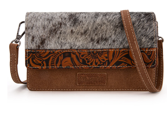 Wrangler Genuine Hair-On Cowhide Wallet/Crossbody -Brown