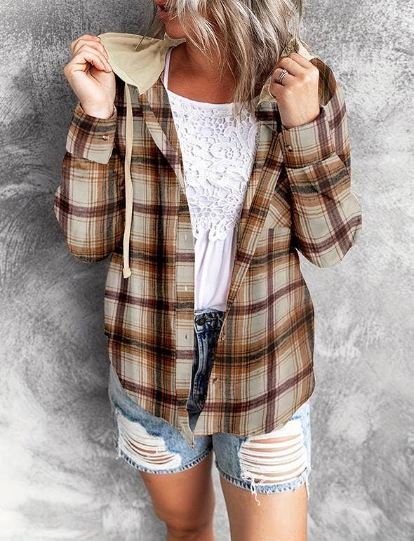 Casual fall colorblock plaid hooded sweatshirt shirt jacket