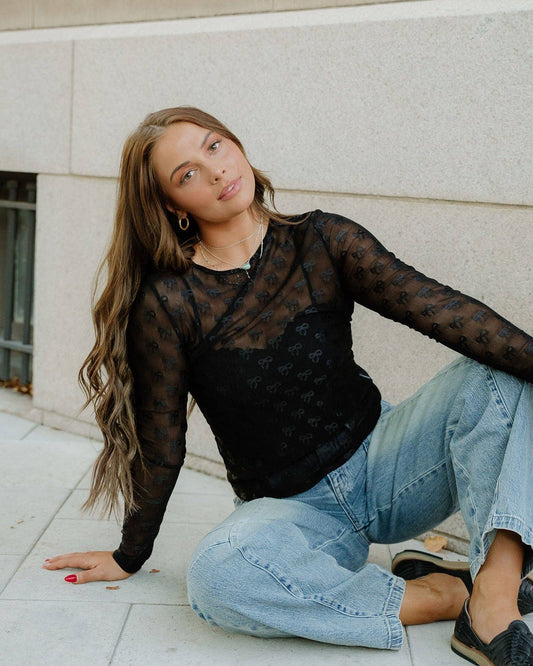 Black Bow Pattern Long Sleeve Slim Fit Mesh Top