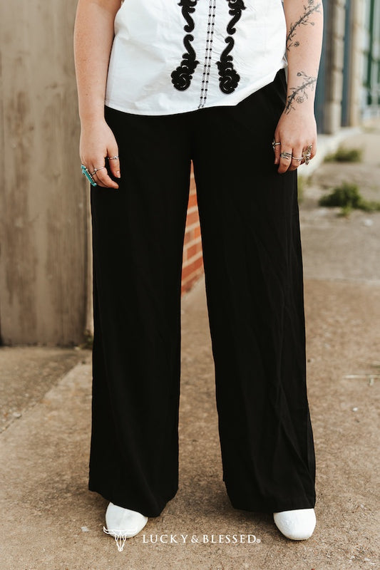 Solid Black Elastic Waist Wide Leg Pants