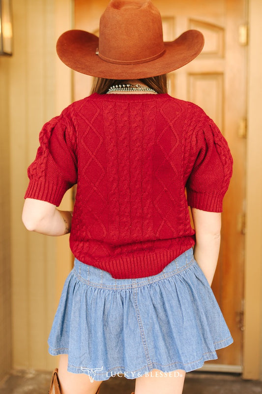 Burgundy Cable Knit Puff Sleeve Sweater Top