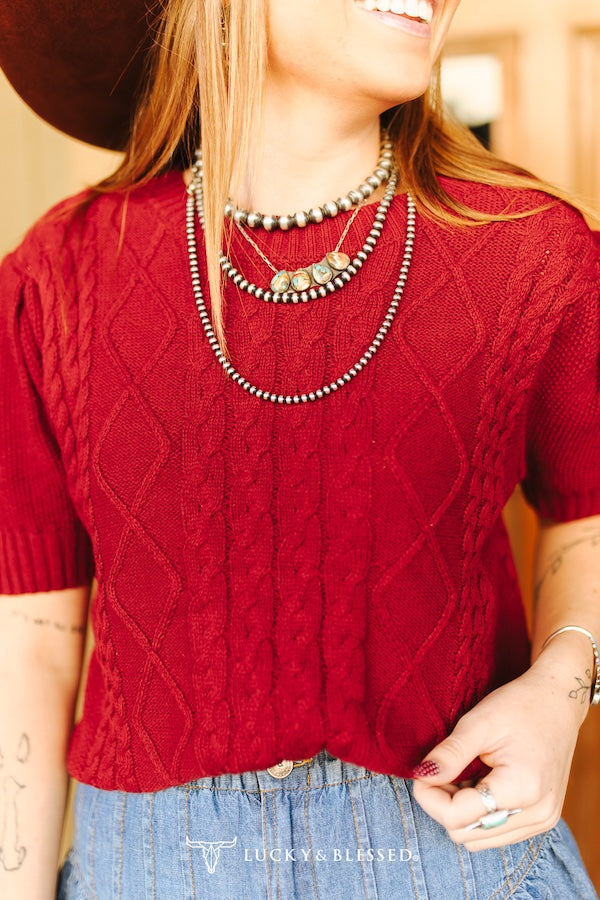 Burgundy Cable Knit Puff Sleeve Sweater Top