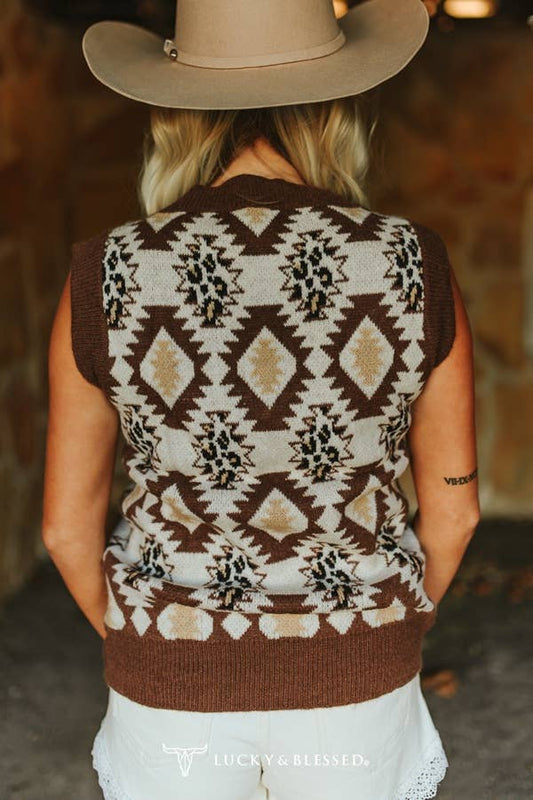 Cream Aztec Leopard Knit V Neck Sleeveless Sweater Top
