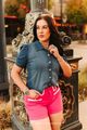 Mid Wash Denim Button Down Top W Puff Sleeves