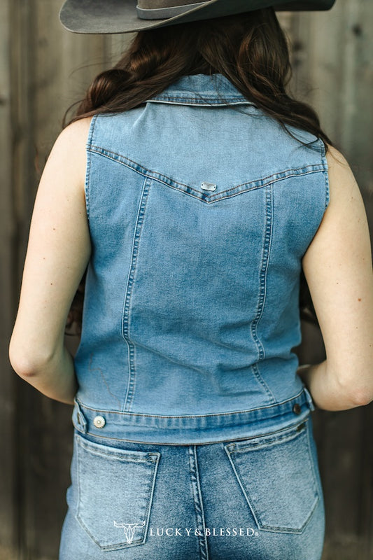 Mid Wash Denim Button Down Western Yoke Vest