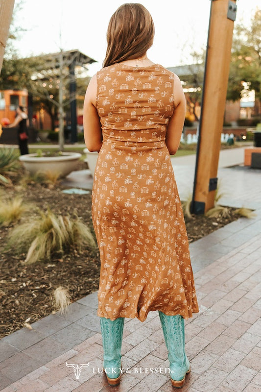 Camel Western Printed Pearl Snap Button Down Sleeveless Front Tie Dress