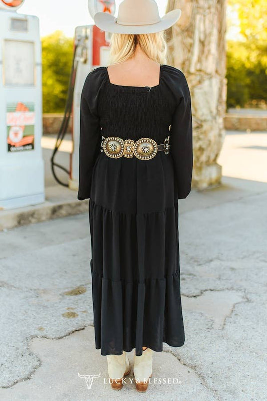 Black Long Sleeve Puff Sleeve Tiered Maxi Dress