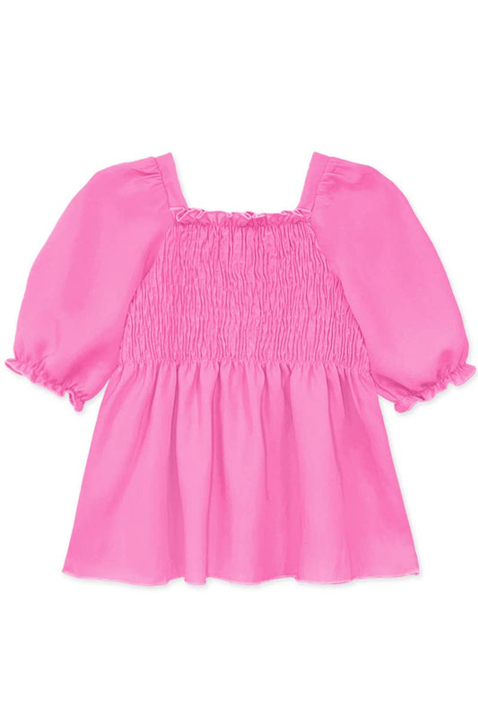 Girl's Fashion Top w/Smocking & Puff Sleeve Pink