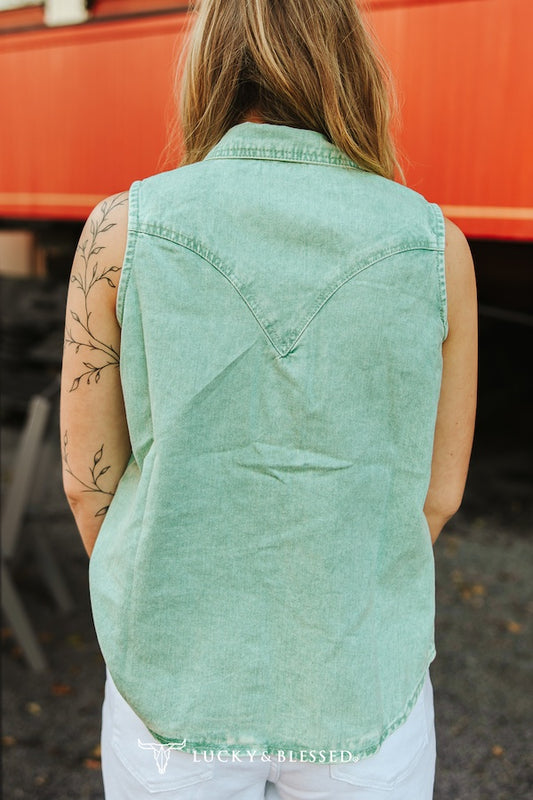 Denim Mineral Wash Sleeveless Pearl Snap Top