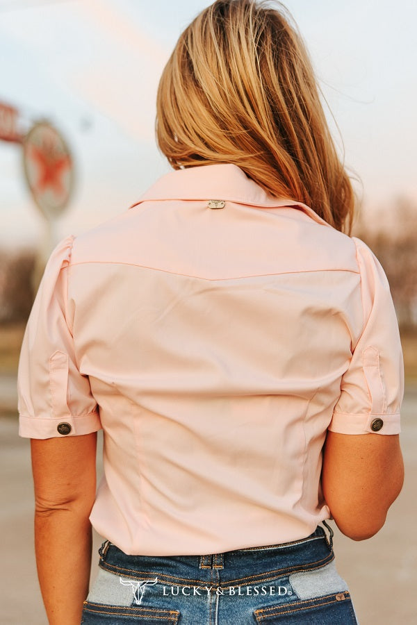 Soft Pink Concho Button Down Puff Short Sleeve Shirt