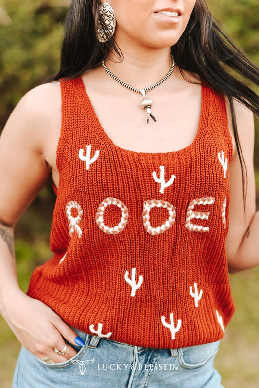 Knit Tank With Braid Rodeo Cactus Embroidered Top