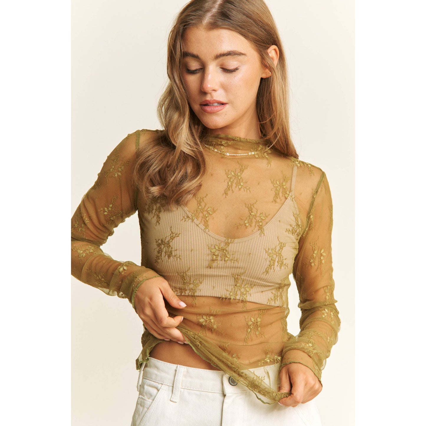 MESH LACE HIGH NECK DESIGN LONG SLEEVE FITTED TOP