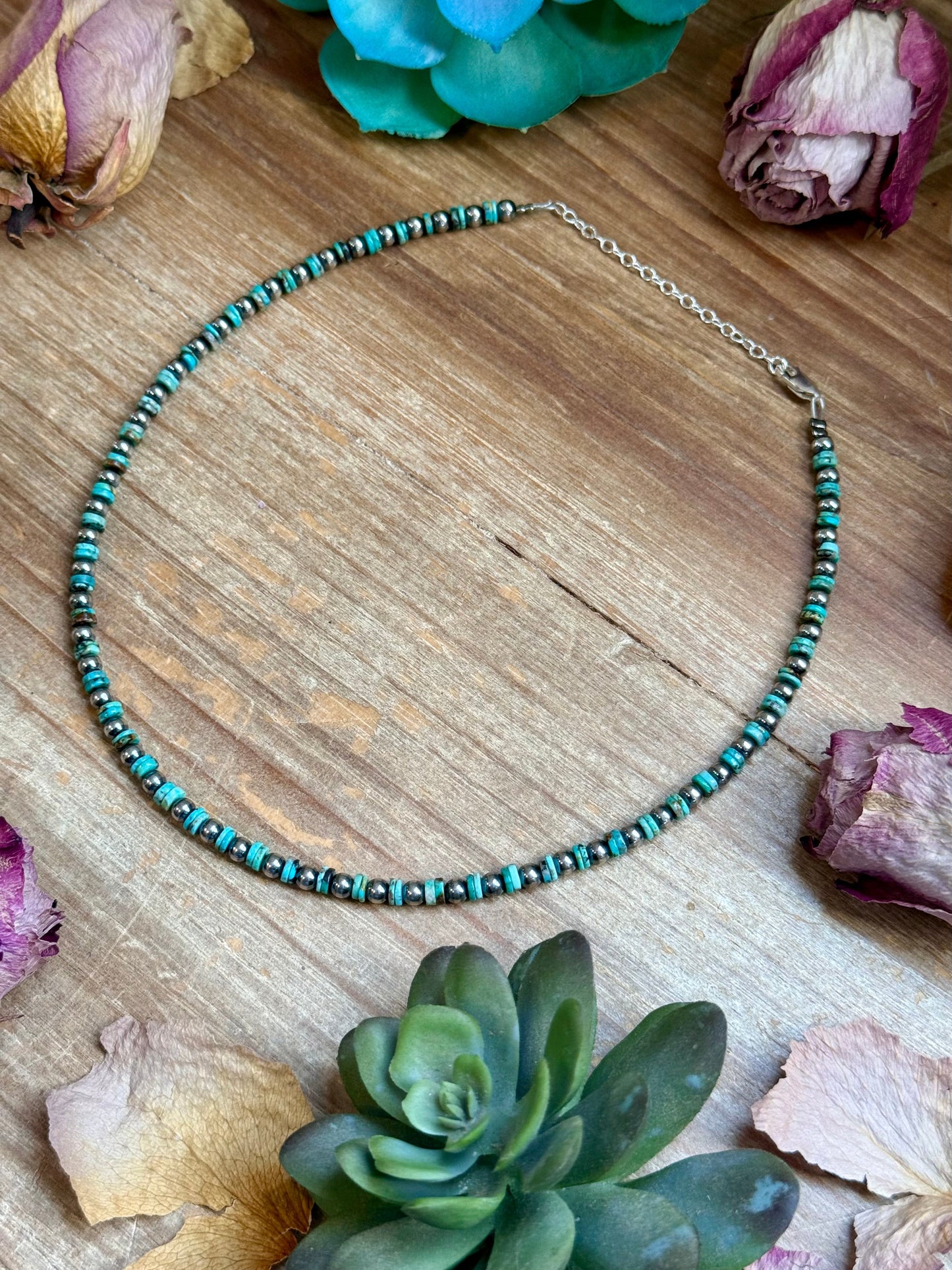 14” Turquoise Heishi Choker – Sterling Silver Pearls