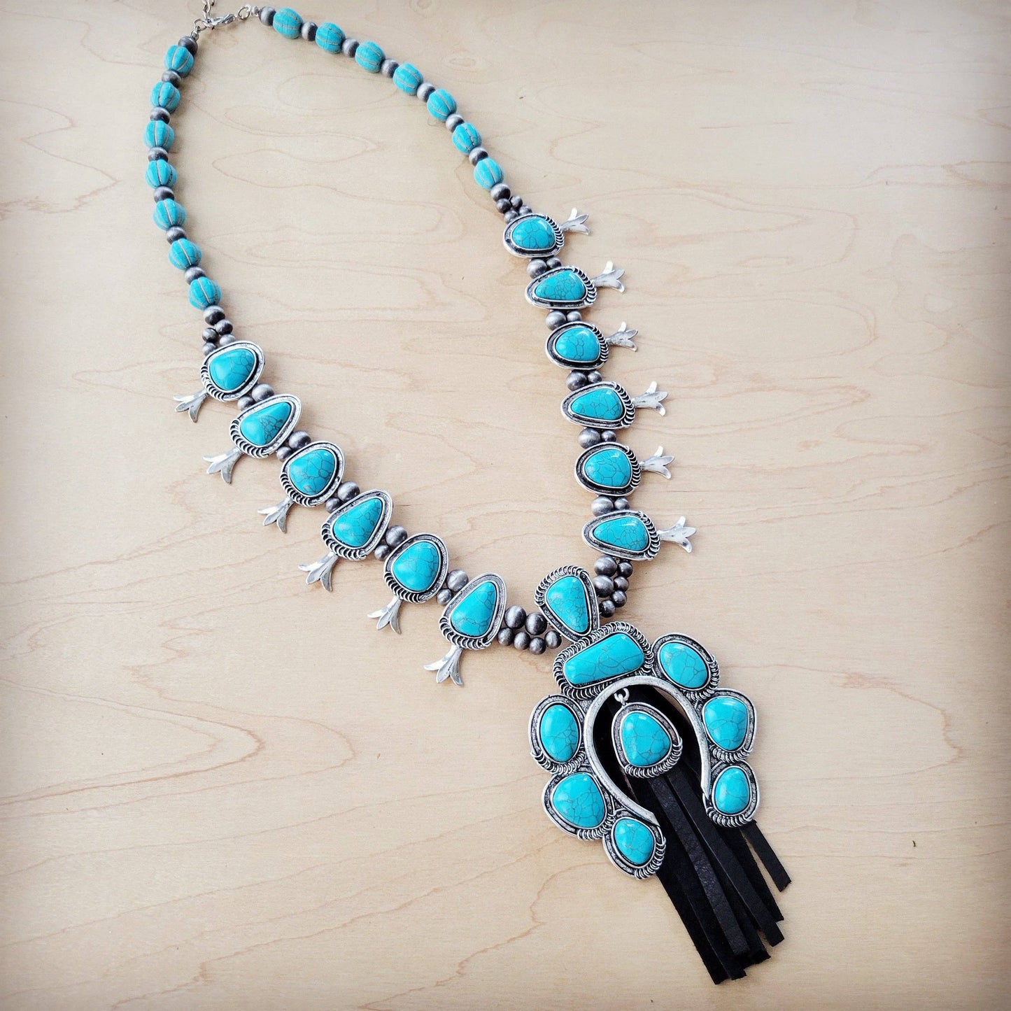 Faux Turquoise Squash Blossom Necklace w/ Short Black Tassel