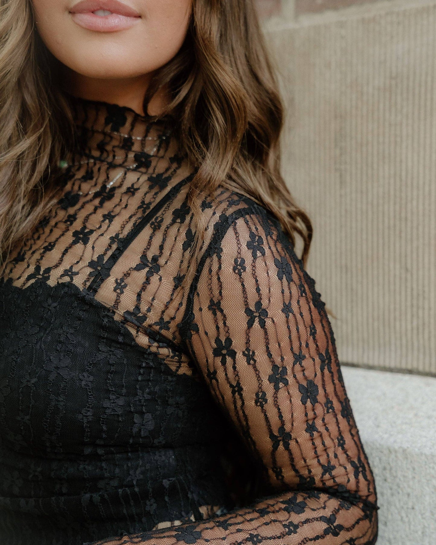 Claire Floral Lace Long Sleeve Slim Fit Top - Black