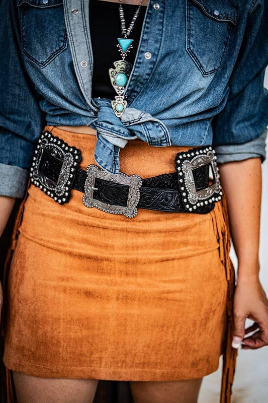 Black Tooled Square Concho Belt