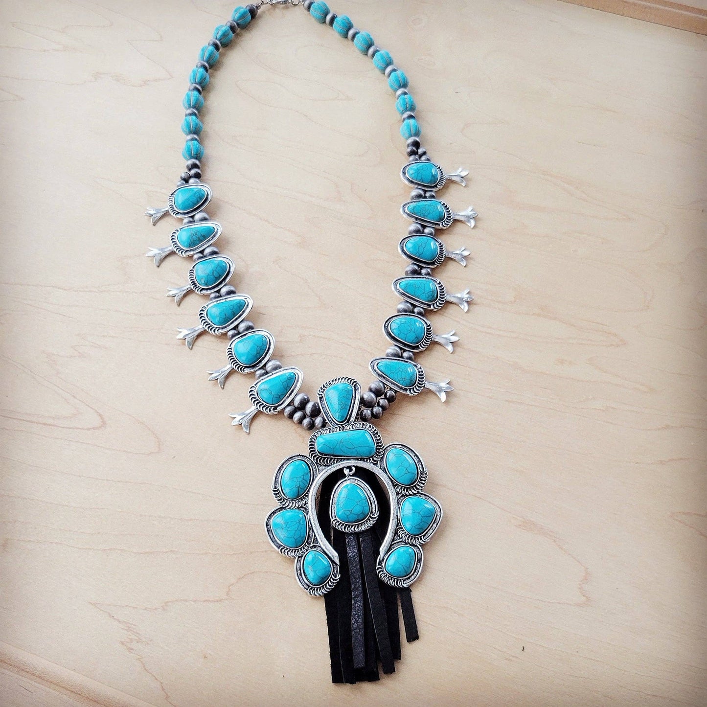 Faux Turquoise Squash Blossom Necklace w/ Short Black Tassel
