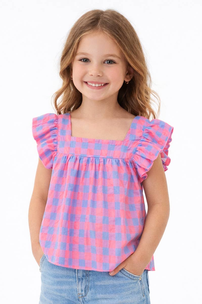 Girl's Checker Fashion Top w/ Square Neckline
