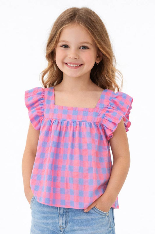 Girl's Checker Fashion Top w/ Square Neckline