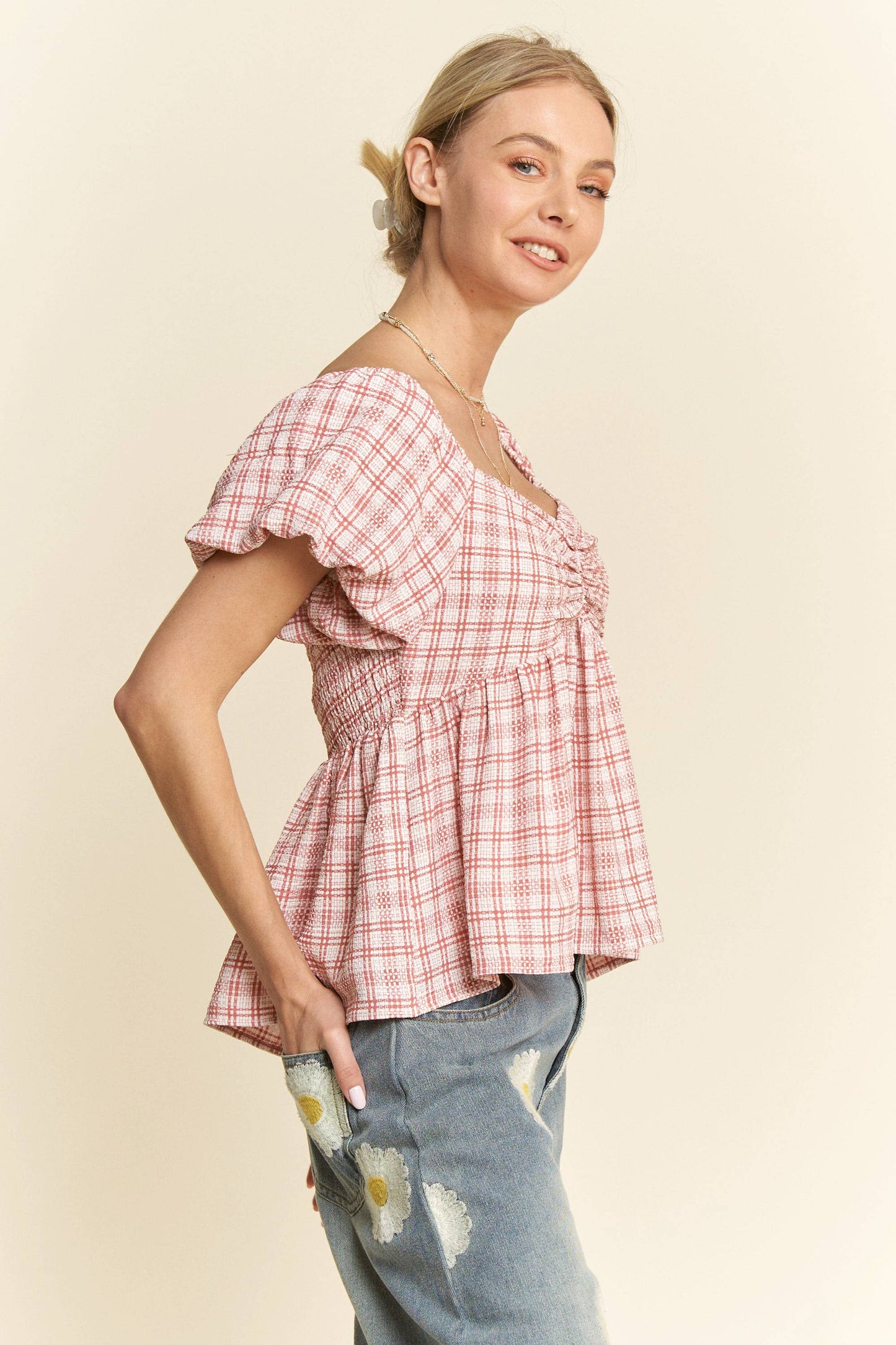 PLAID PUFF SLEEVES RUFFLED SMOCKED TOP BLOUSE