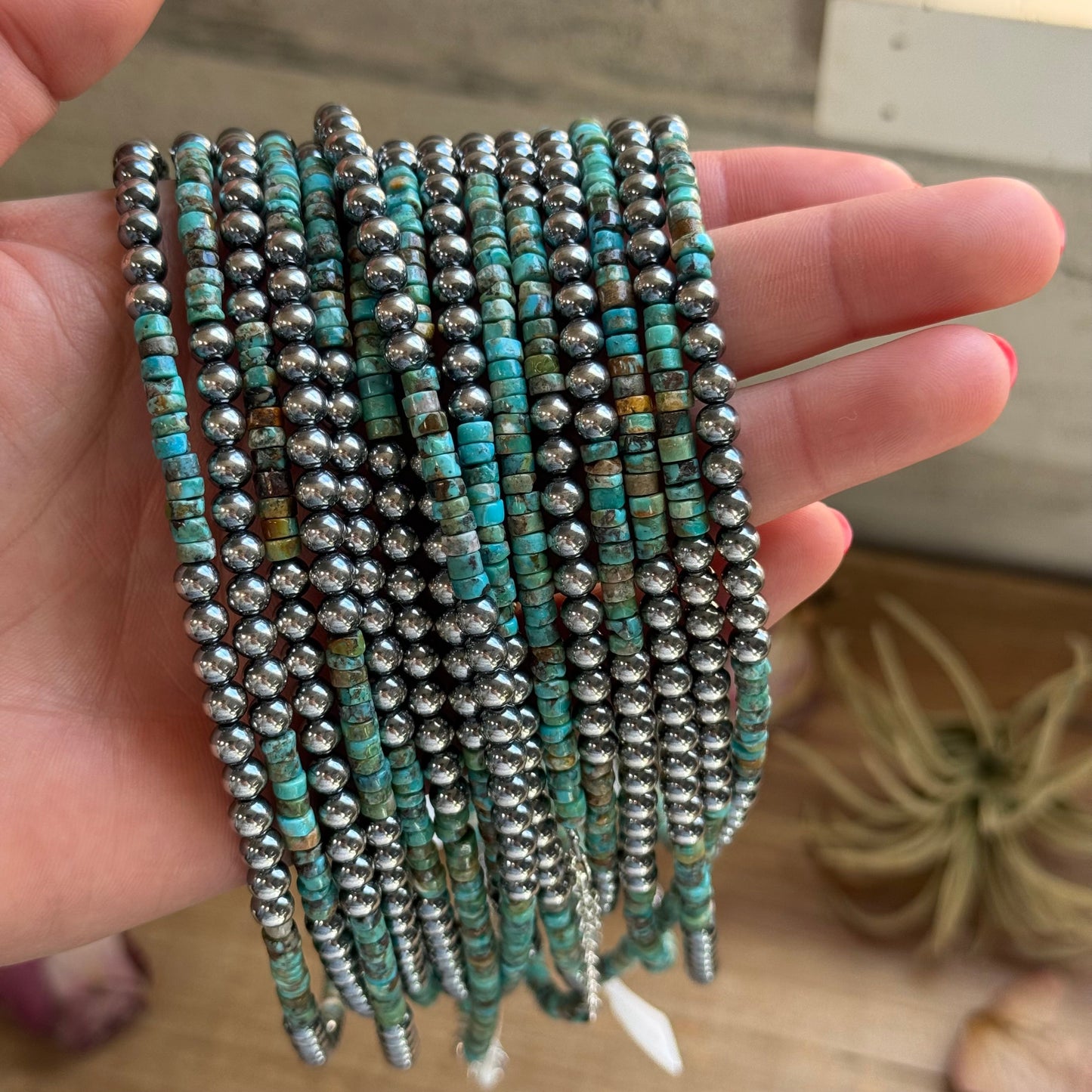 15” Heishi Turquoise Necklace – 4mm Turquoise & 5mm Sterling Silver Pearls