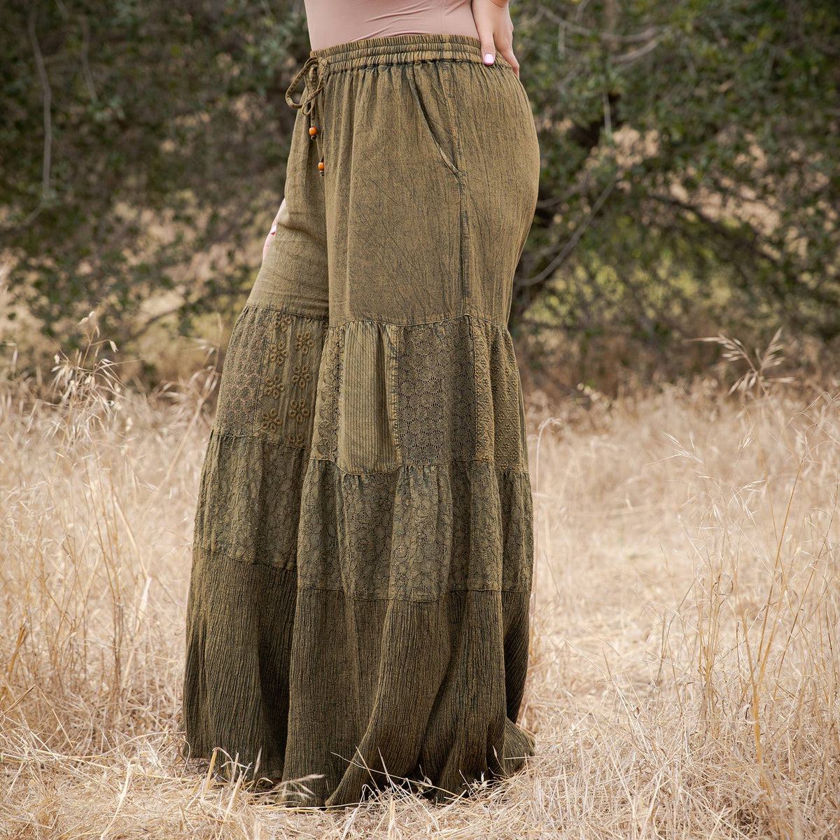 Artisan Flax 4-Tier Denim Patchwork Wide Leg Pants