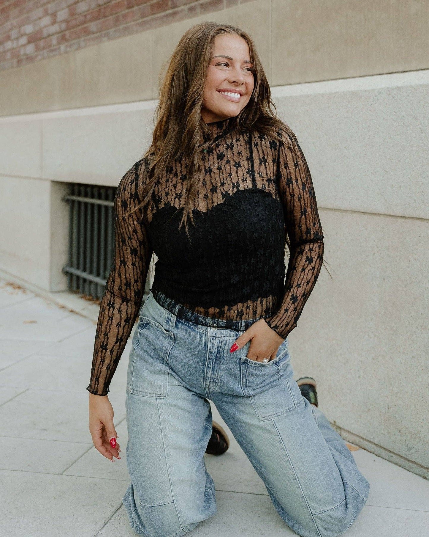 Claire Floral Lace Long Sleeve Slim Fit Top - Black