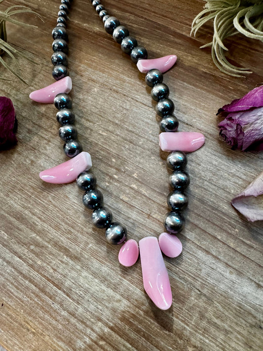 NFR Collection Necklace – 8mm & 14mm Sterling Silver Pearls with Pink Conch Shell – 23"