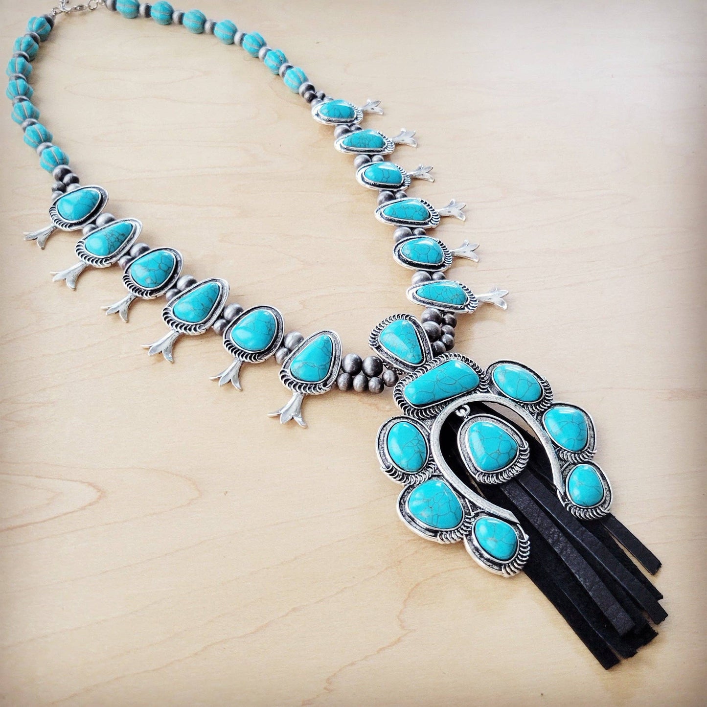Faux Turquoise Squash Blossom Necklace w/ Short Black Tassel