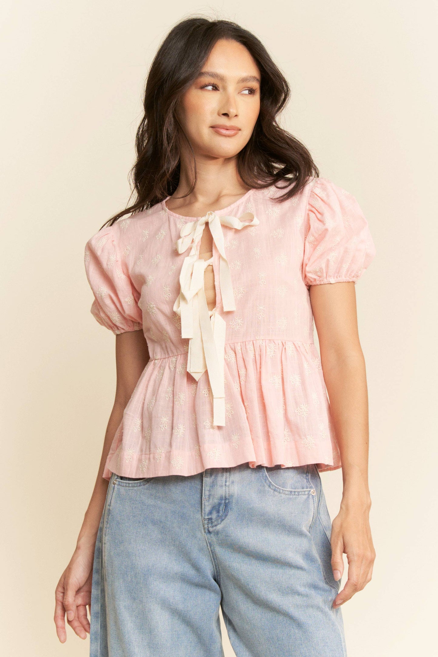 FLORAL EMBROIDERED LINEN FRONT BLOUSE TOP