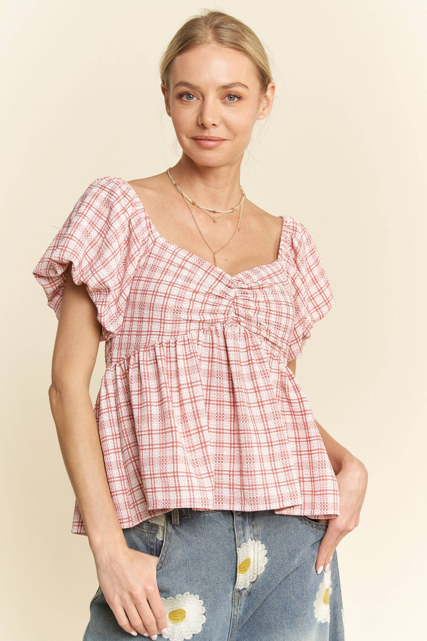PLAID PUFF SLEEVES RUFFLED SMOCKED TOP BLOUSE