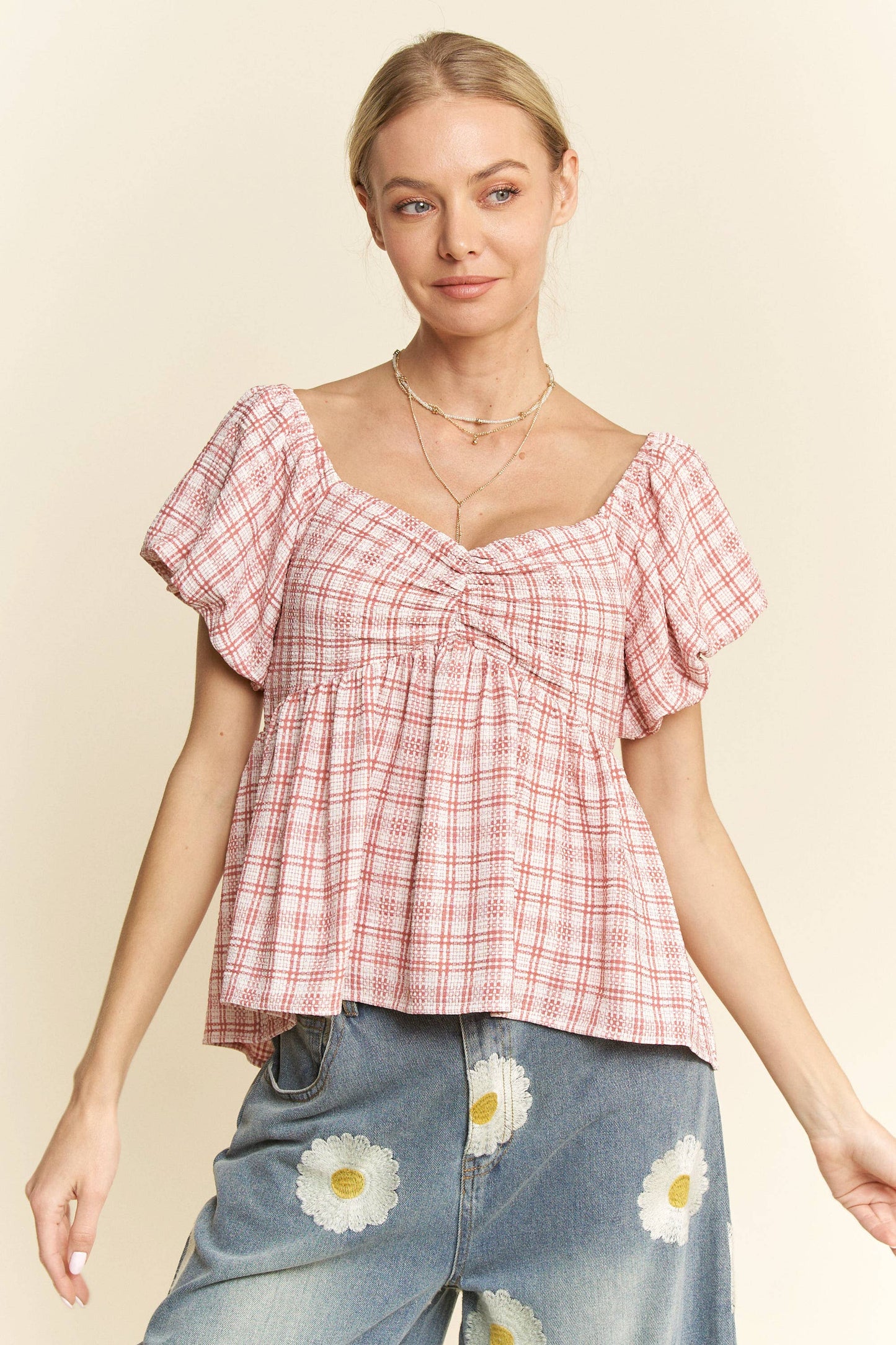 PLAID PUFF SLEEVES RUFFLED SMOCKED TOP BLOUSE