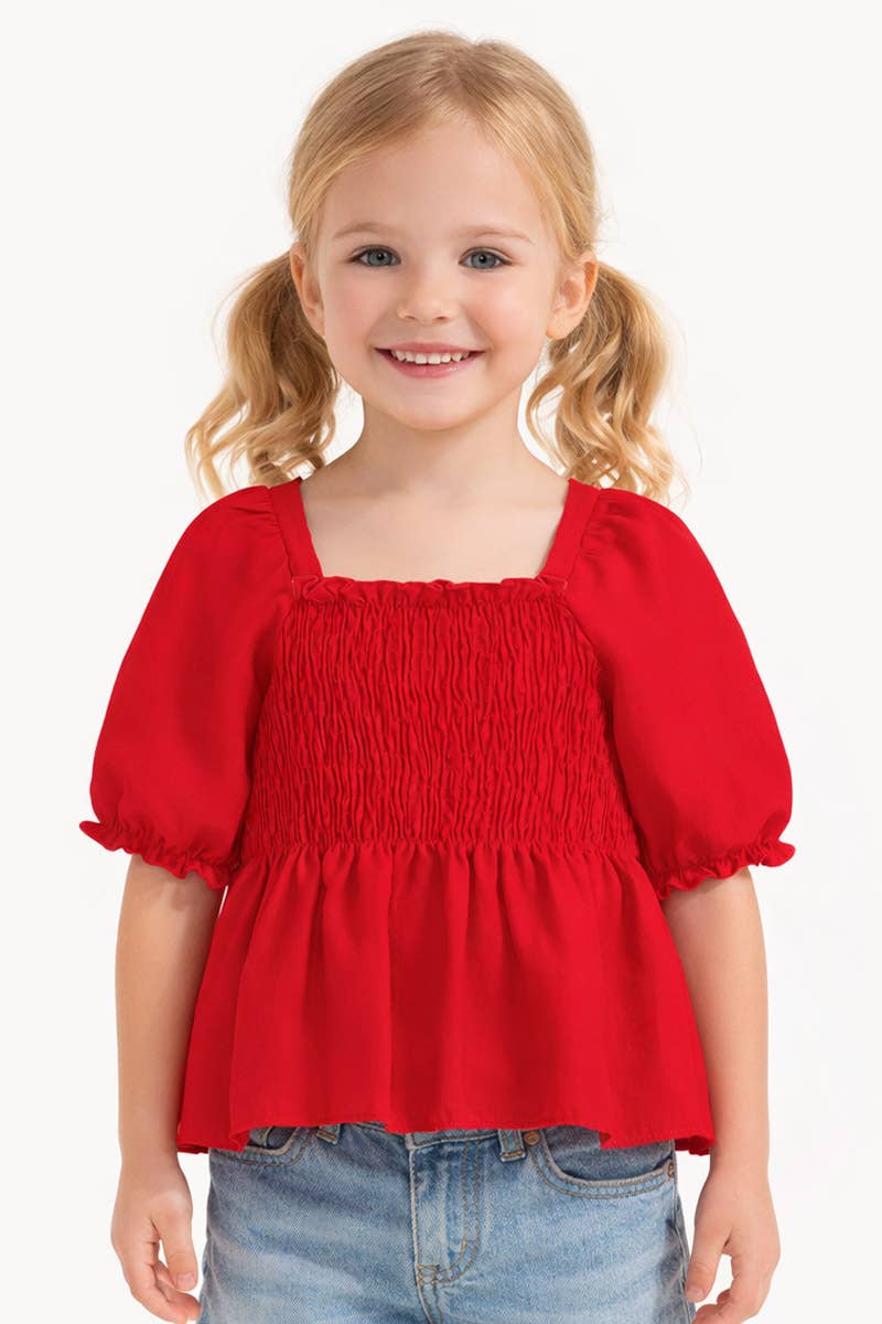 Girl's Fashion Top w/Smocking & Puff Sleeve Red