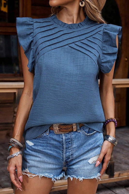 RUFFLE SLEEVE PLEATED PULLOVER SHORT SLEEVE TOP